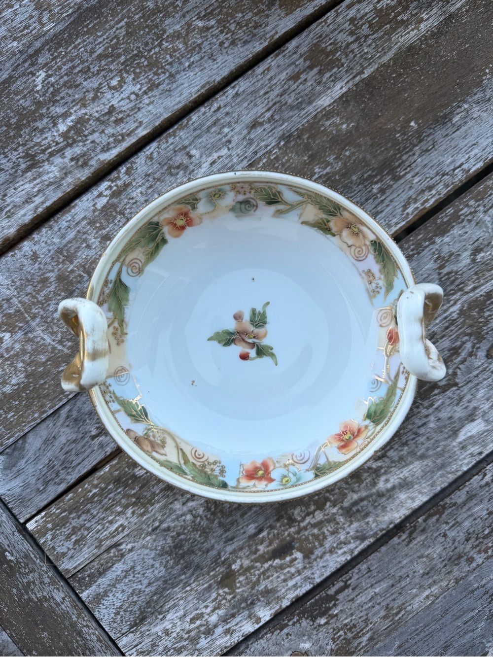 Antique Nippon Hand Painted Floral Trinket Dish with Handles